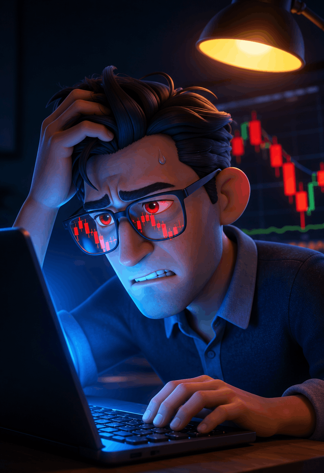 Frustrated trader staring at red charts